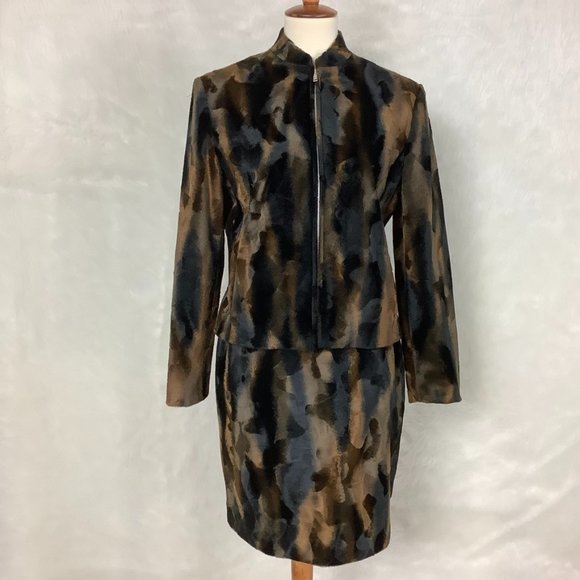 Vintage Dresses & Skirts - Vintage 80s 90s Votre Nom Black Brown Animal Print Faux Fur Skirt & Jacket S